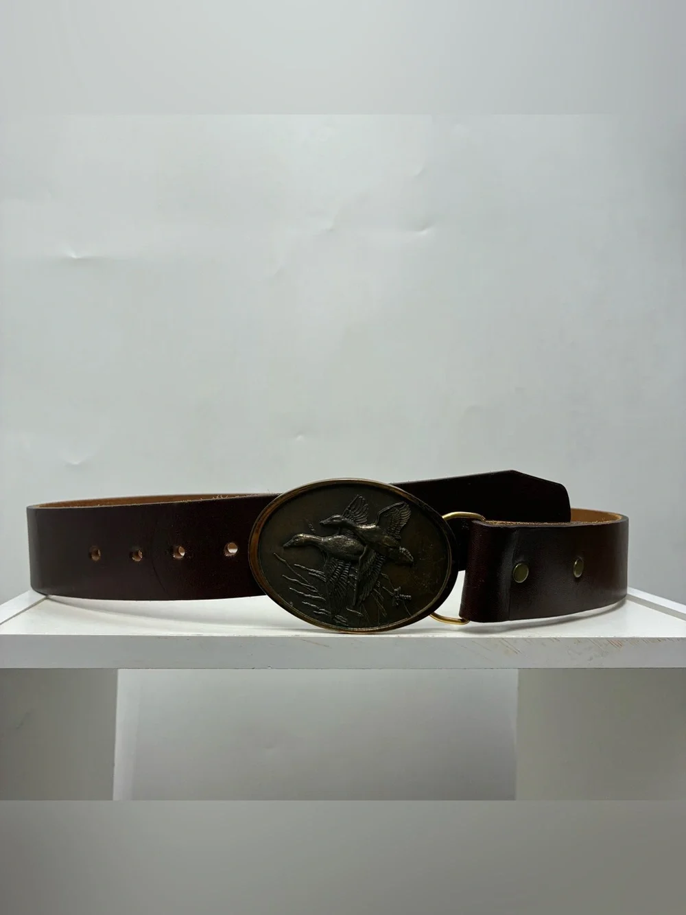 Duck Metal Belt Buckle Cowhide Leather Belt Brown Mallards Hunting Hunter Hunt